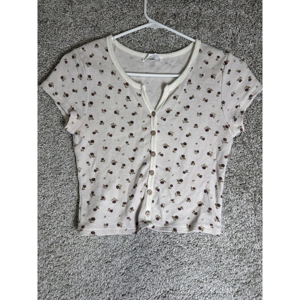 Kirious LA‎ Floral Waffle Knit Crop Top Button Front Short Sleeve Size Small